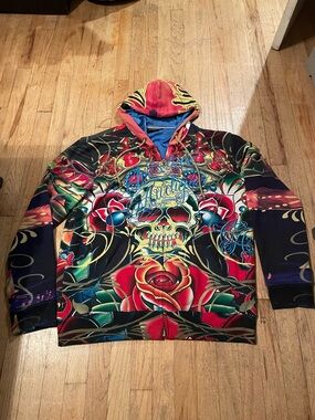 Christian Audigier Black Red Green Multicolor Skull & Rose Hoodie